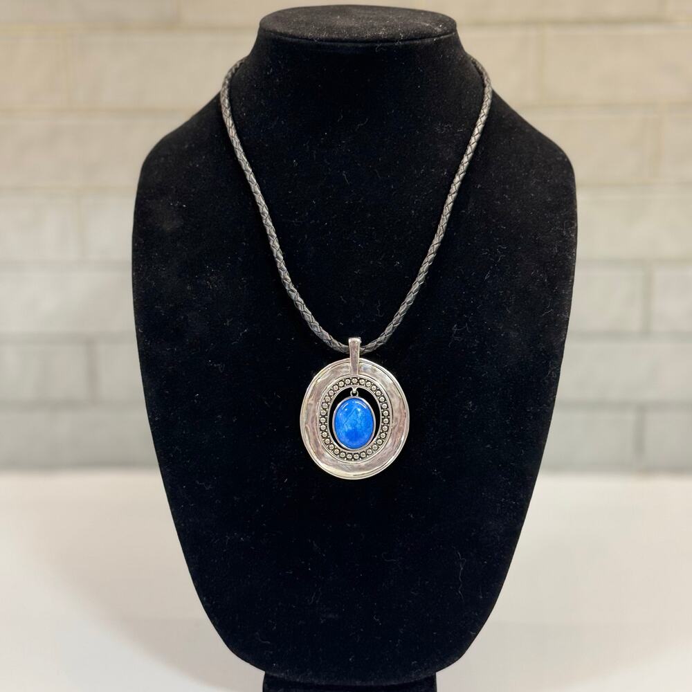 Silver & Blue Medallion Necklace on Leather Strap 20" Adjustable Bohemian - Boho